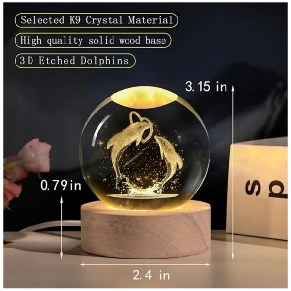Generic Wood 3D Dolphin Crystal Ball Night Light Dolphin Love (Transparent) - Image 2
