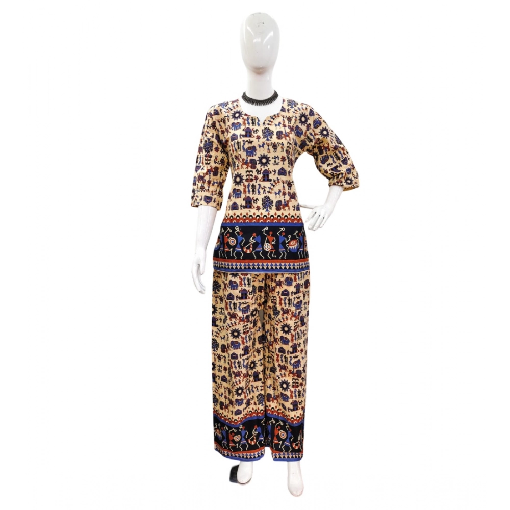 Generic Women’s Cotton Jaipuri Printed 3-4th Sleeve Co ord Set (Multicolor)