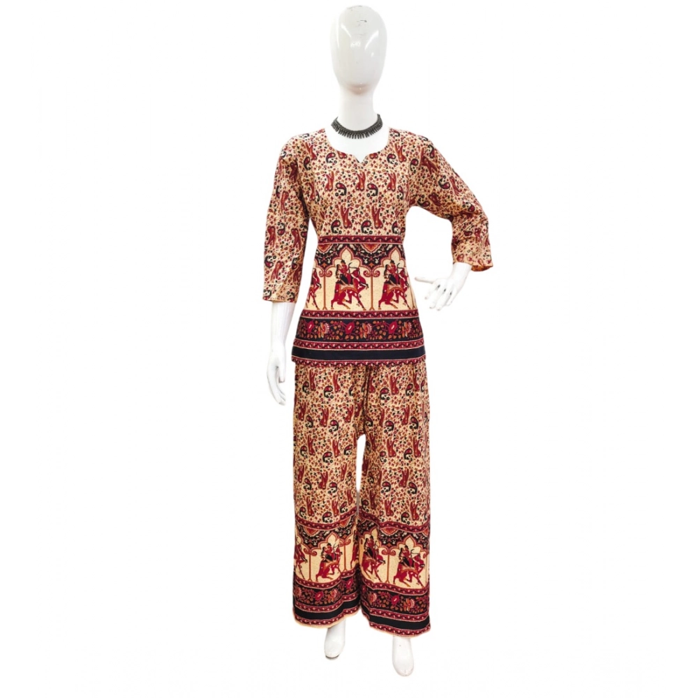 Generic Women’s Cotton Jaipuri Printed 3-4th Sleeve Co ord Set (Multicolor)