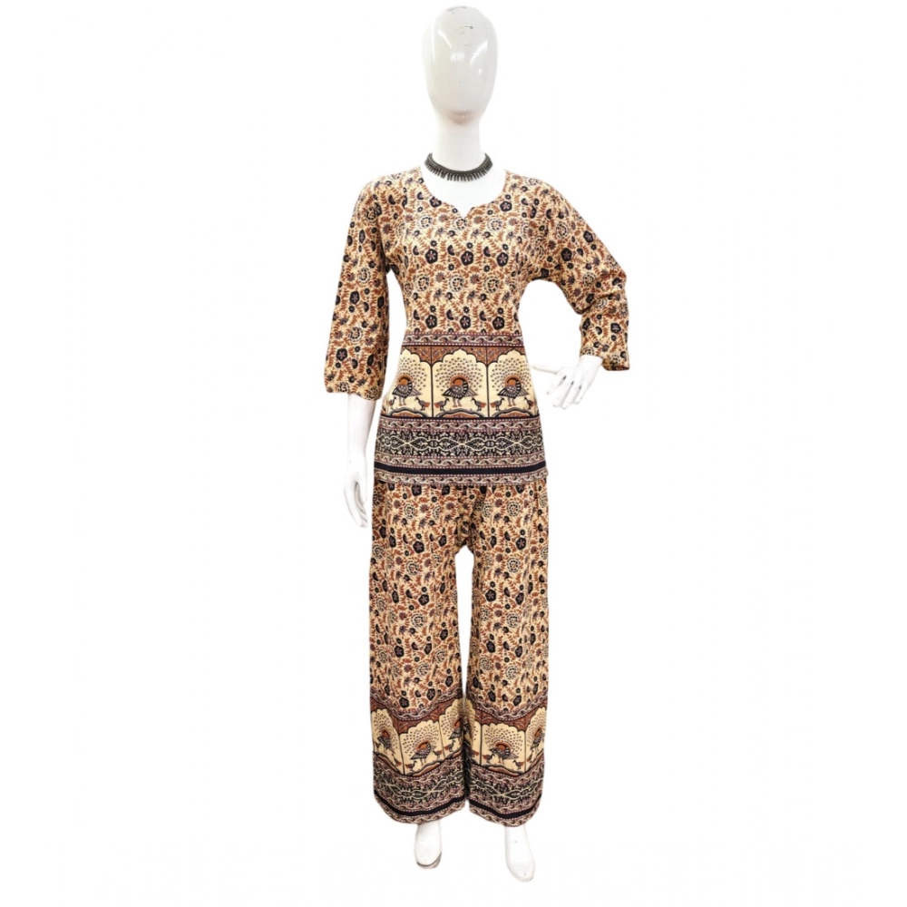 Generic Women’s Cotton Jaipuri Printed 3-4th Sleeve Co ord Set (Multicolor)