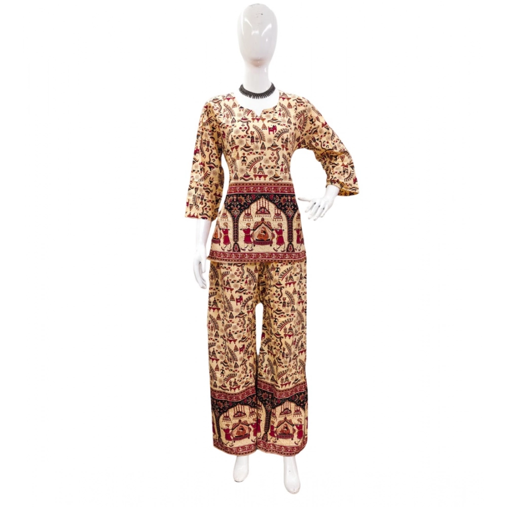 Generic Women’s Cotton Jaipuri Printed 3-4th Sleeve Co ord Set (Multicolor)
