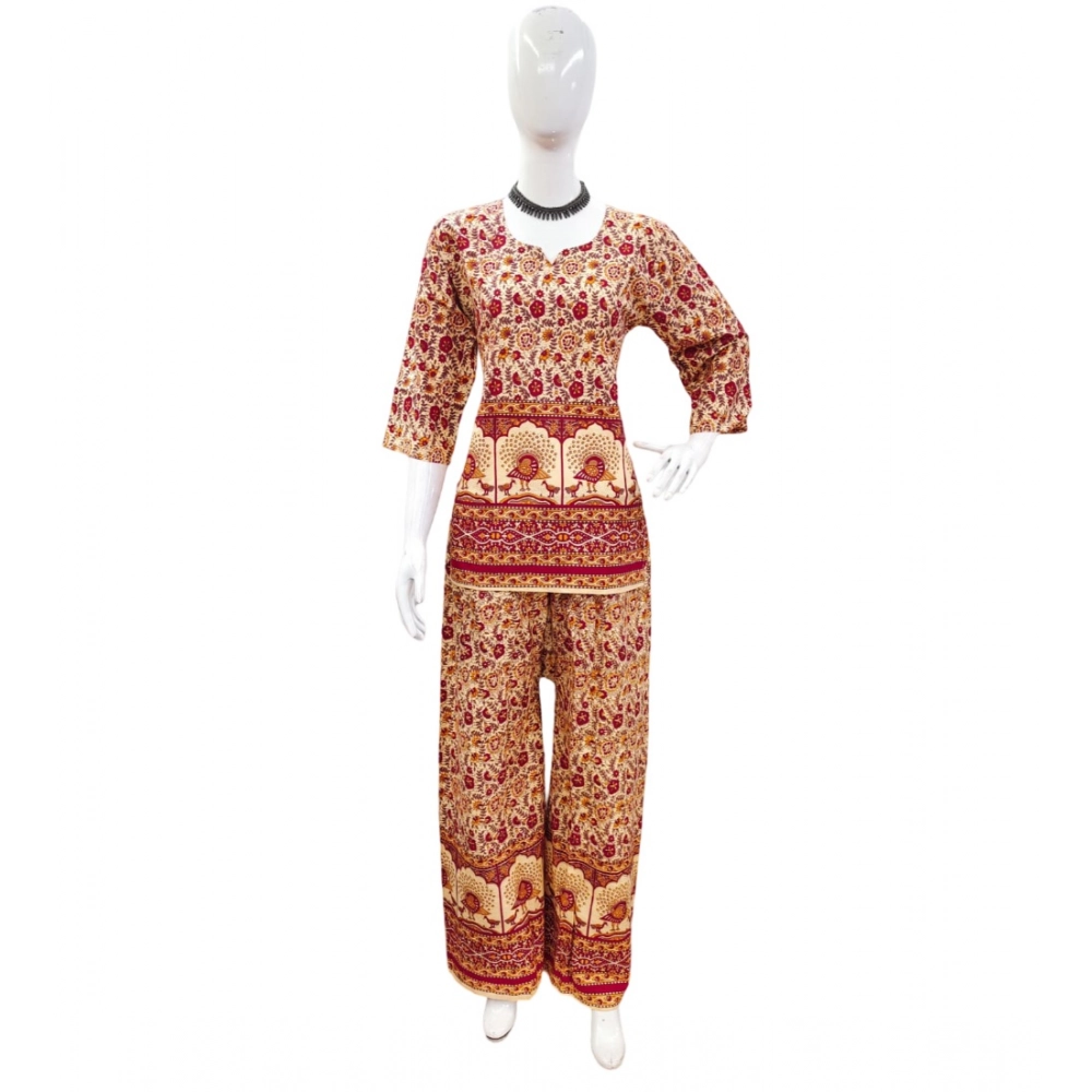 Generic Women’s Cotton Jaipuri Printed 3-4th Sleeve Co ord Set (Multicolor)