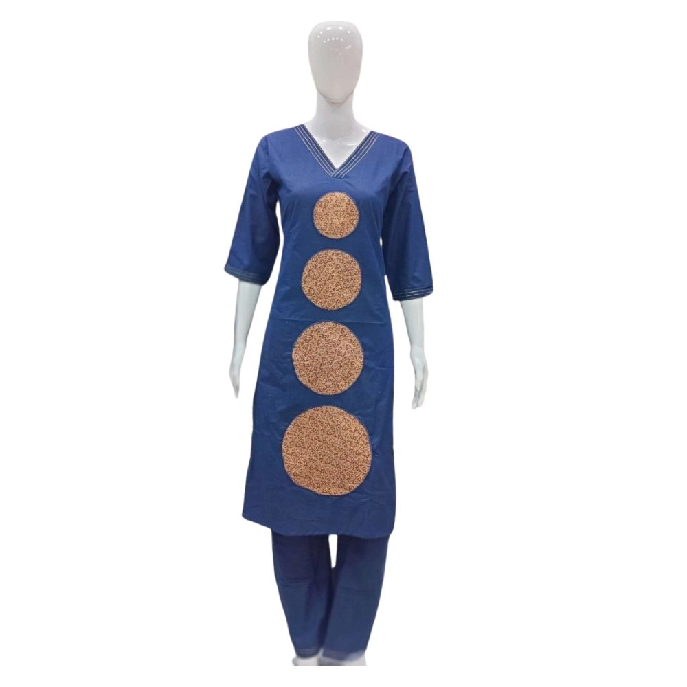 Generic Women’s Cotton Blended Printed 3/4th Sleeve V Neck Kurti With Pant Set (Blue)