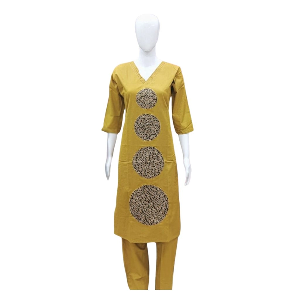 Generic Women’s Cotton Blended Printed 3/4th Sleeve V Neck Kurti With Pant Set (Mustard)