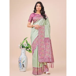 Generic Women's Lichi Silk Printed Saree With Unstitched Blouse 5.5Mtr (Olive Green)