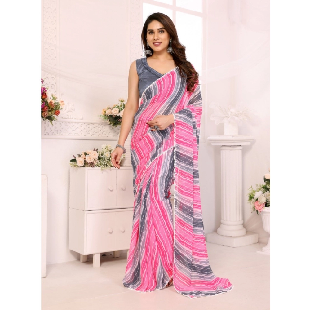 Generic Women’s Small Lace Georgette Striped Ready-to-Wear Saree With Unstitched Blouse 5.5 Mtr (Grey)
