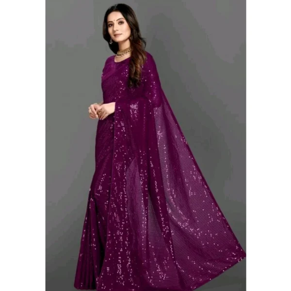 Generic Women's Georgette Embellished Sequnece Bollywood Saree With Unstitched Blouse 5.5Mtr (Purple) - Image 2