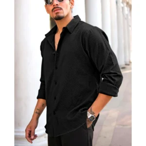 Generic Men's Casual Popcorn Self-design Full Sleeve Collar Shirt (Black)