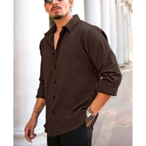 Generic Men's Casual Popcorn Self-design Full Sleeve Collar Shirt (Brown)