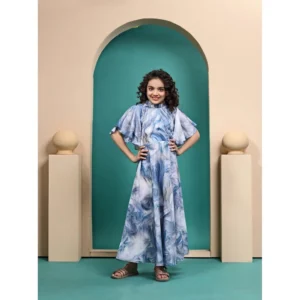 Generic Girl's Maslin Printed Maxi Length Dress (Sky Blue)