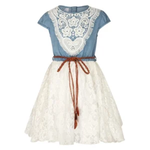 Generic Girl's Denim Embroidery Short Sleeve Round Neck Dress (White)