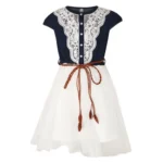 Generic Girl's Denim Embroidery Short Sleeve Round Neck Dress (White)