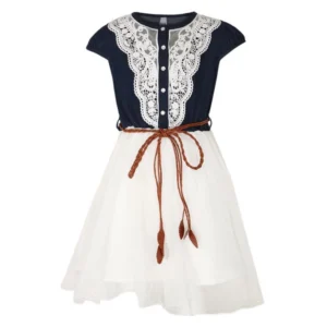 Generic Girl's Denim Embroidery Short Sleeve Round Neck Dress (White)