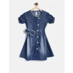 Generic Girl's Denim Striped Sleeveless Round Neck Dress (Blue)