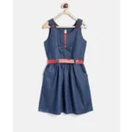 Generic Girl's Denim Solid Sleeveless Round Neck Dress (Blue)