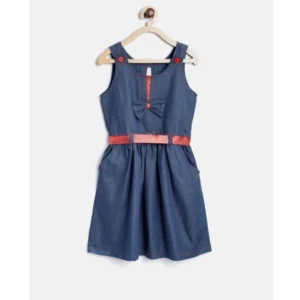 Generic Girl's Denim Solid Sleeveless Round Neck Dress (Blue)