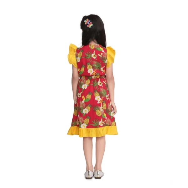 Generic Girl's Cotton Printed Cold Shoulder V-Neck Dress (Pink) - Image 3