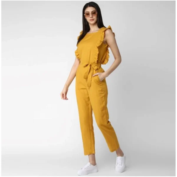 Generic Women's Cotton Linen Solid Sleeveless Jumpsuit (Yellow) - Image 3