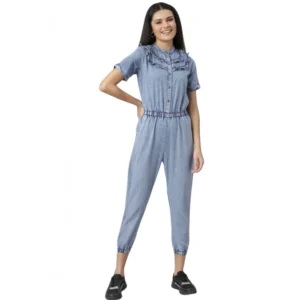 Generic Women's Denim Self Design Tie Ups Jumpsuit (Blue)