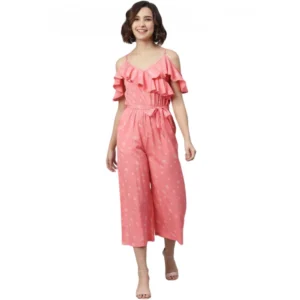 Generic Women's Polyester Floral Cold Shoulder Jumpsuit (Pink)