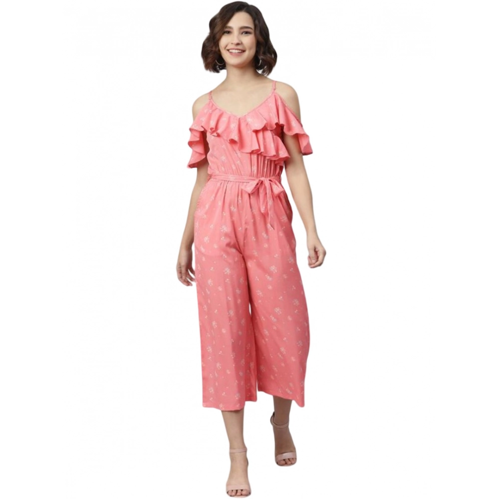 Generic Women’s Polyester Floral Cold Shoulder Jumpsuit (Pink)