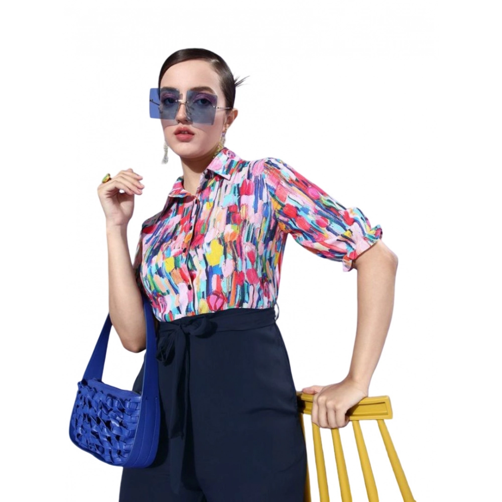 Generic Women’s Polyester Printed 3/4th Sleeve Jumpsuit (Multicolor – Navy)
