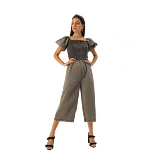Generic Women's Denim Solid Balloon Sleeve Jumpsuit (Black)