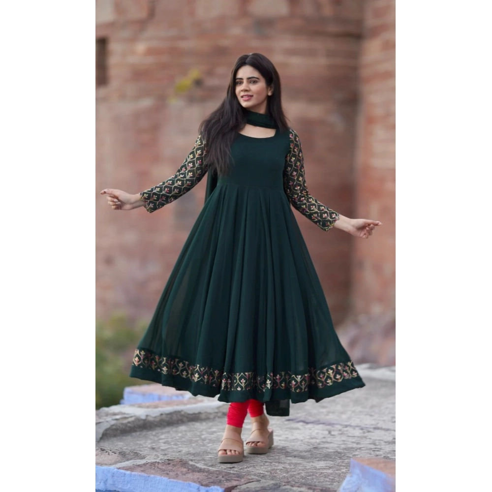 Generic Women’s Georgette Embroidery 3-4th Sleeve Round Neck Kurti with Dupatta Set (Green)