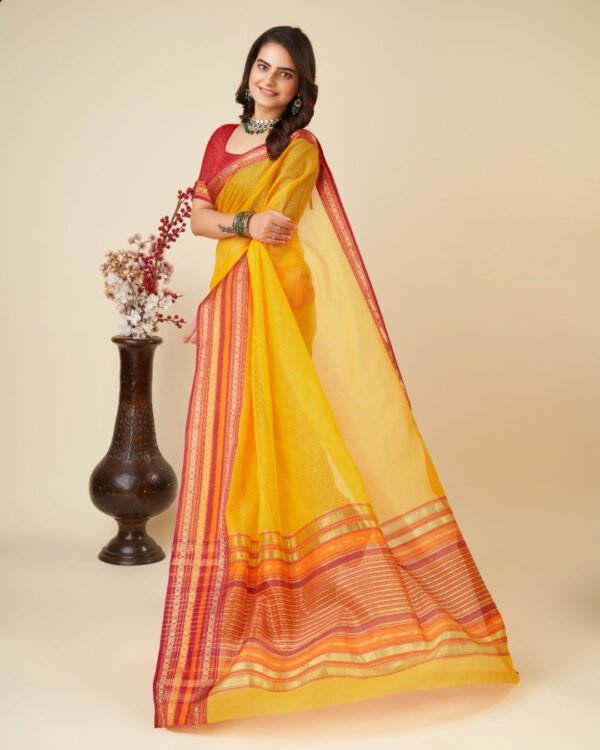 Red color doriya cotton saree with woven design - Image 9