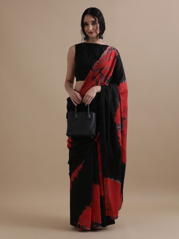Blue colour pure mulmul cotton saree with bagru hand block printed work - Image 5