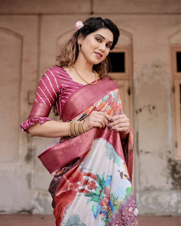 Multi digital printed tussar silk saree with zari motif border - Image 3