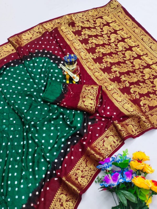 Mahendi green and purple hand bandhej bandhani saree with zari weaving border - Image 7