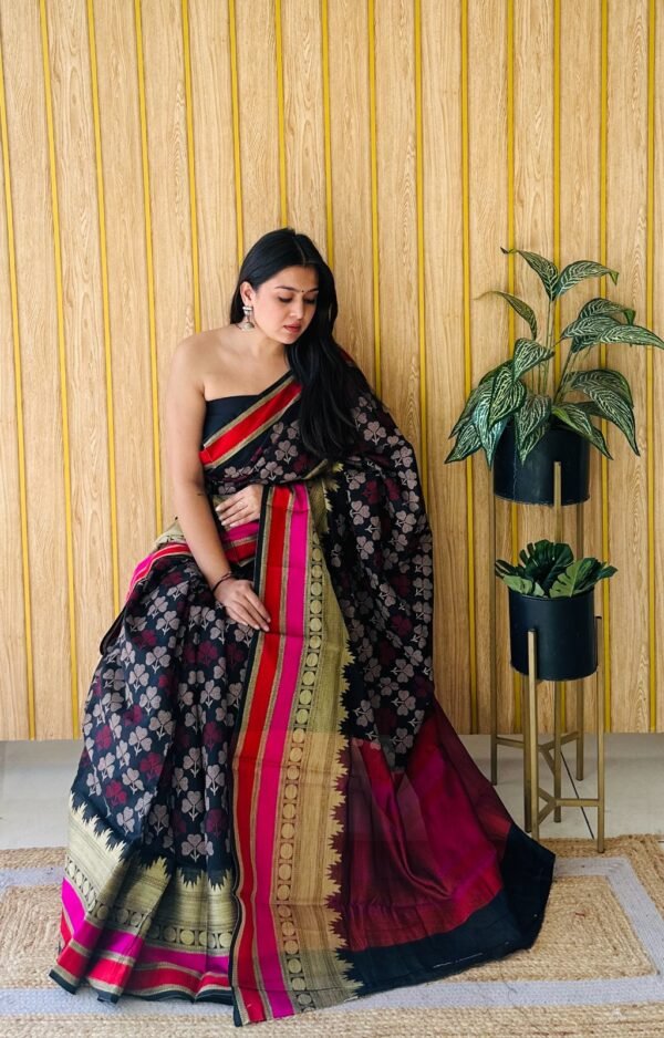 Sea green colour soft cotton saree with jacquard border - Image 6