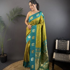 Mahendi green traditional banarasi silk saree with zari weaving work
