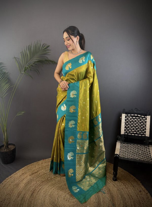 Mahendi green traditional banarasi silk saree with zari weaving work