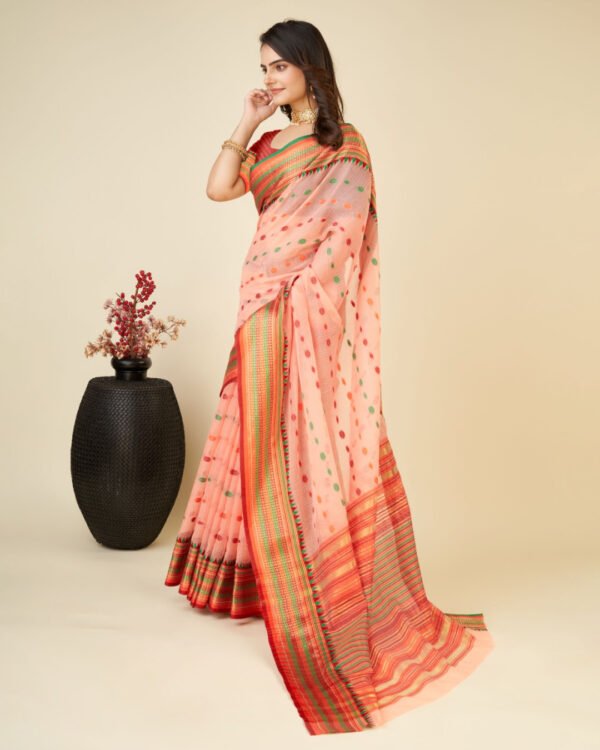 Peach color kota doriya saree with zari weaving work - Image 3