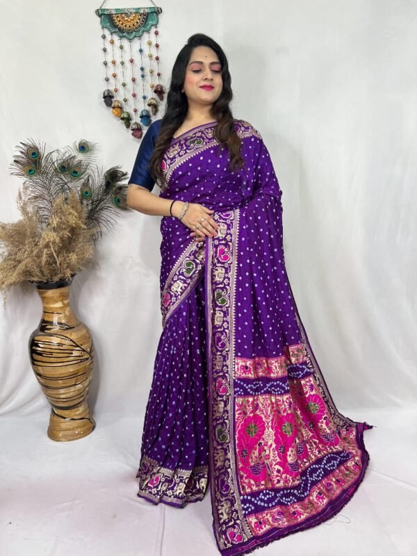 Rani pink pure dupion silk hand bandhej bandhani saree - Image 4