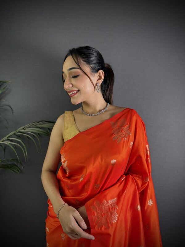 Firoji colour soft lichi silk saree with golden zari weaving work - Image 7