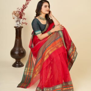 Red color doriya cotton saree with woven design