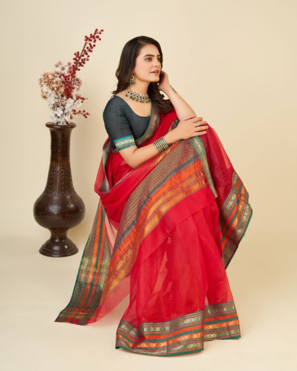 Red color doriya cotton saree with woven design
