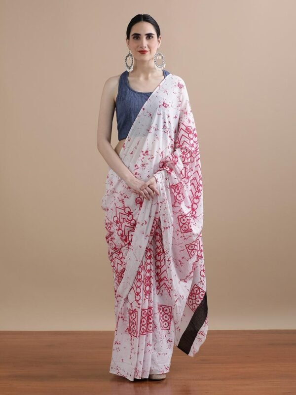 Yellow pure mulmul cotton saree with bagru hand block printed work - Image 4