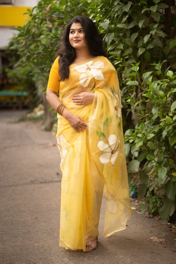 Fancy yellow hand floral brush printed organza saree