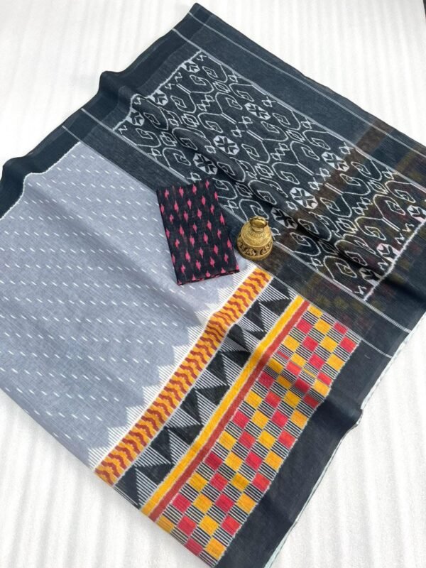 Off white linen cotton saree with batik printed work - Image 7