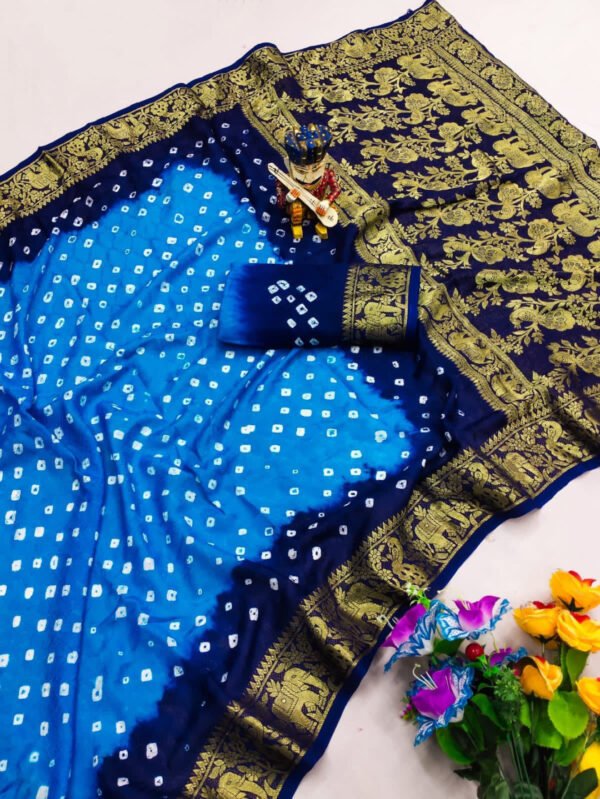 Mahendi green and purple hand bandhej bandhani saree with zari weaving border - Image 8