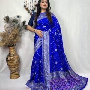 Royal blue pure dupion silk hand bandhej bandhani saree