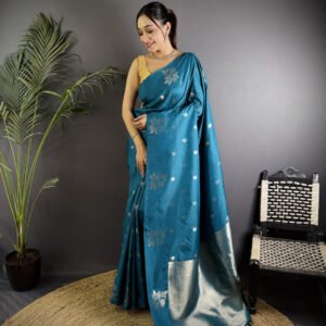 Firoji colour soft lichi silk saree with golden zari weaving work