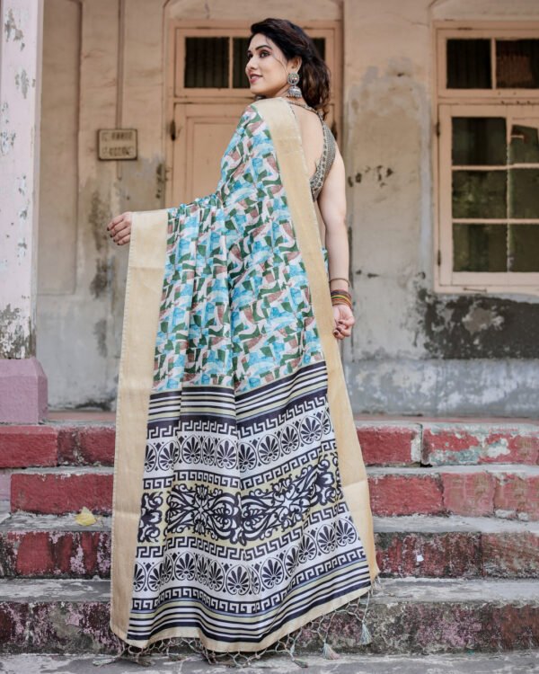 Multi digital printed tussar silk saree with zari motif border - Image 7