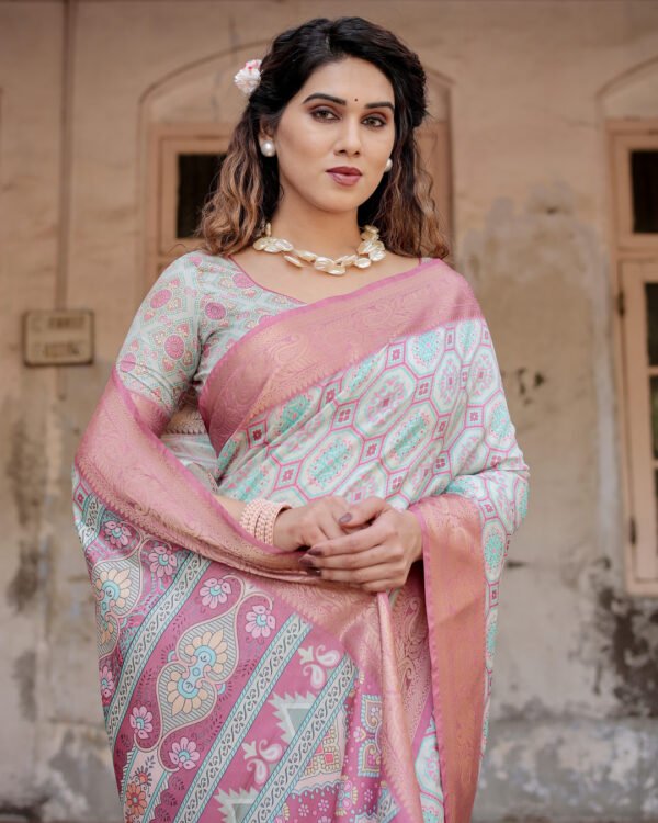 Multi digital printed banarasi silk saree with gold zari border - Image 2
