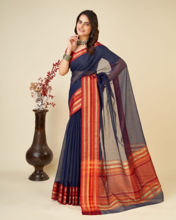 Red color doriya cotton saree with woven design - Image 6