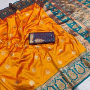Orange traditional banarasi silk saree with zari weaving work